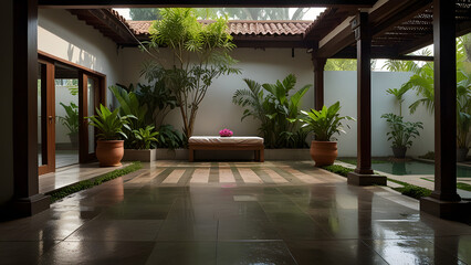 Obraz premium Serene Balinese Courtyard with Lush Greenery and Stone Floor