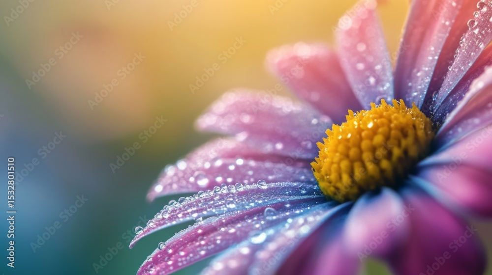 Poster a close-up of a colorful flower with dew-covered petals, captured with soft focus and a light mist i