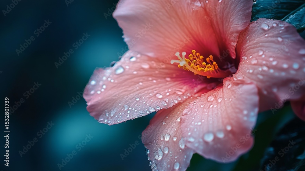 Poster a close-up of a flower with clear water droplets gently resting on its petals, creating a serene, tr