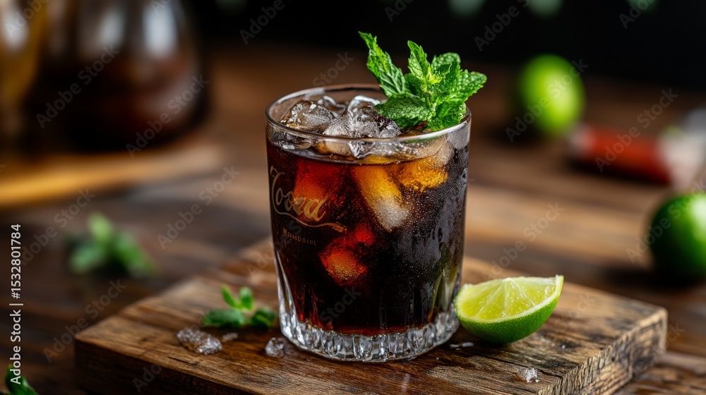 Poster a close-up of a glass of coke with ice, garnished with fresh mint leaves and a lime wedge, placed on