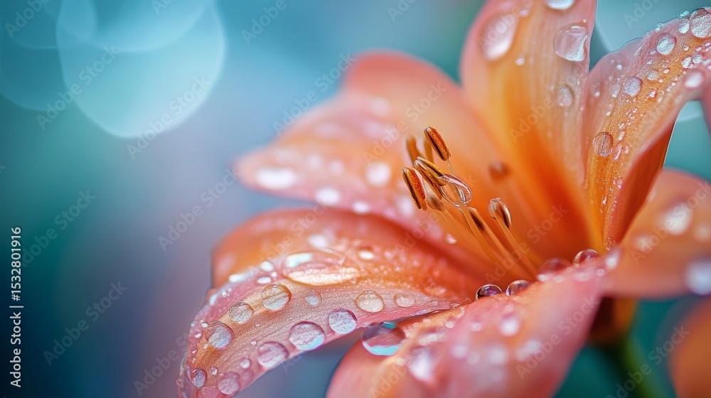 Poster a close-up of a flower with clear water droplets gently resting on its petals, creating a serene, tr