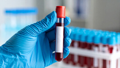 Hand in protective glove holding blood sample with label. Test tube. Medicine and healthcare concept