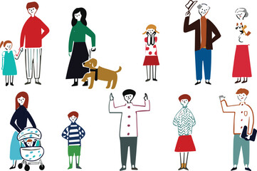 Hand-drawn illustrations of family members, children, elderly people, pets, and people taking selfies, wearing casual clothing and engaged in daily life activities, with colorful accents.