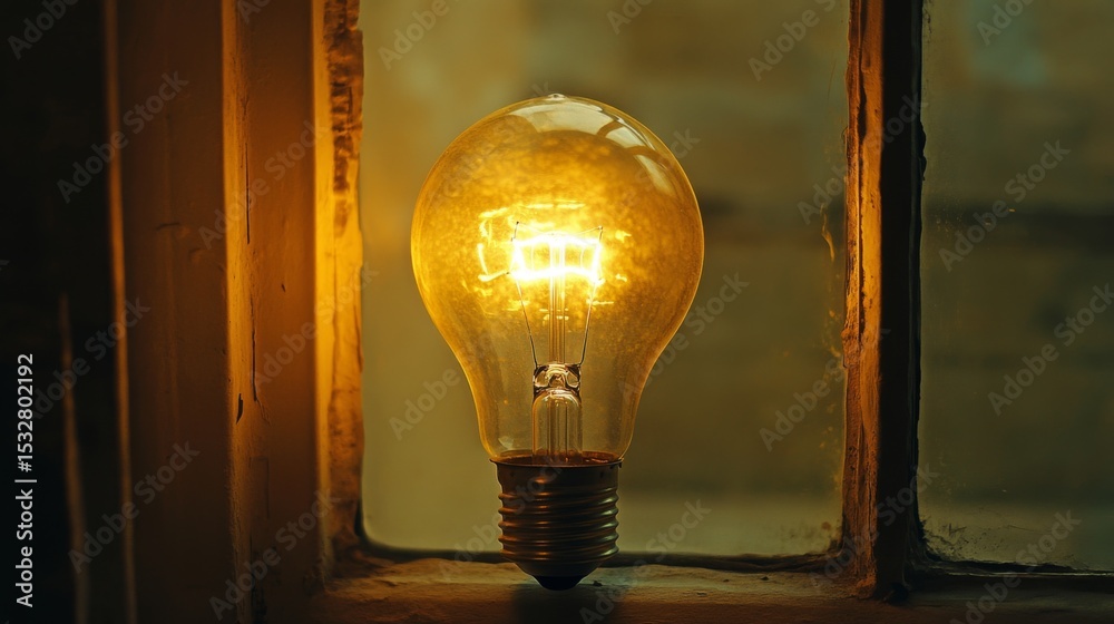 Poster a close-up of a light bulb glowing softly in a dim room, with the filament clearly visible and the w