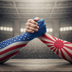 Symbolic Arm Wrestling Depicting United States and Japan in a Competitive Arena Setting Reflecting Cultural, Political, and Economic Contrasts and Challenges