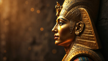 Obraz premium Profile of Horus, Egyptian falcon god, in traditional headdress. Golden statue of Horus, ancient Egyptian deity, wearing a magnificent crown.