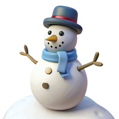 Cheerful 3D snowman with scarf and arms raised, perfect for festive cards and winter celebration themes.