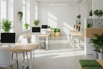 Blurry image of a Bright Modern Office Space: Clean White Desks with Computers and Chairs in a Well-Lit Area with Large Windows Overlooking a Cityscape to be used as background