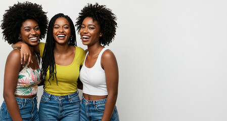A Cheerful Group with Afro-textured Hair and Braids Embrace, Radiating Joy and Friendship Against a Neutral Backdrop.