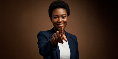 Confident Black woman smiling and pointing forward while wearing a navy blue blazer, standing against a neutral brown background indoors