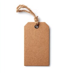 A blank, light brown rectangular gift tag with a jute string and metal eyelet, isolated on a white background