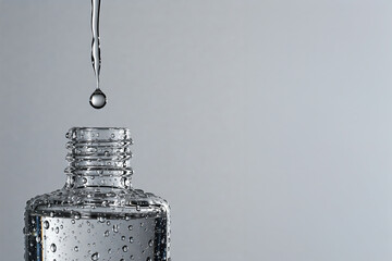 A single water droplet falling into a transparent glass bottle, highlighting purity, precision, surface tension, and minimalist liquid design