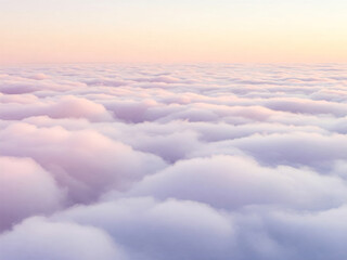 Dreamy skyscape featuring fluffy, pastel-colored clouds in shades of pink, purple, and white against a soft sunset collored sky