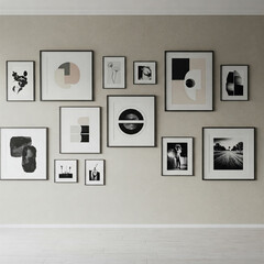 Modern minimalist living room with abstract framed artwork on beige wall, featuring natural tones, elegance, balance, and cozy ambiance