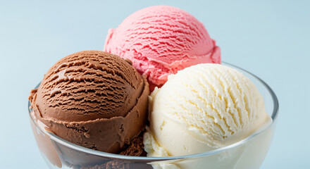 A vibrant trio of classic ice cream scoops — chocolate, strawberry, and vanilla — artfully arranged in a clear glass bowl