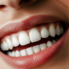 A close-up shot reveals a bright, healthy female smile with perfectly aligned white teeth and natural pink lips