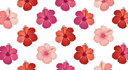 A repeating floral pattern showcases vibrant hibiscus flowers in various shades of pink and red against a clean white backdrop