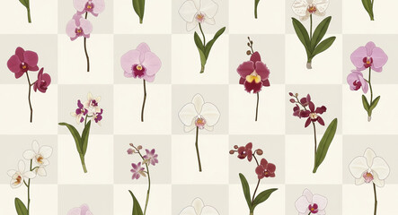 A delightful checkered pattern featuring various stylized orchid flowers in shades of pink, white, and burgundy with green leaves