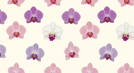 Pattern of colorful orchids in pink, purple, and white, symmetrically arranged over a light background, creating a floral decorative composition