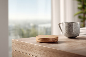 wireless charging station on wooden nightstand bathed in soft morning light