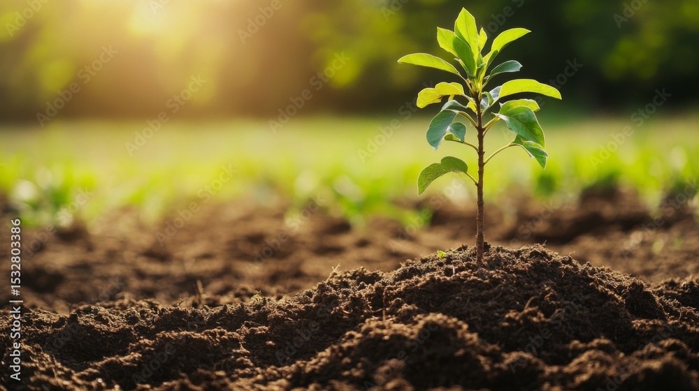 Poster A close-up of a small tree being planted in a rural field, with the roots being covered with soil, emphasizing environmental conservation and reforestation efforts.