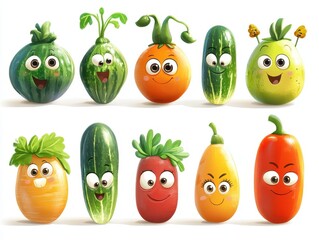 Fun and colorful cartoon fruits and vegetables in studio illustration
