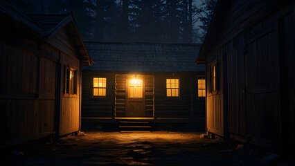 Dark Night Scene of an Old Wooden Cabin with Illuminated Doorway