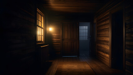 Dark Rustic Wooden Cabin Hallway at Night