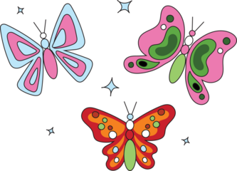 Three cartoon-style butterflies are floating over transparent background with scattered sparkles