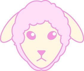 Flat cartoon sheep head is floating on transparent background, showing drooping ears and pink wool