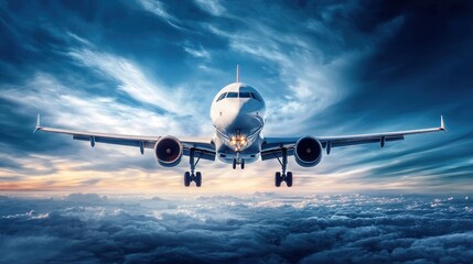 Obraz premium Majestic Airplane Soaring Above Cloudscape at Sunset