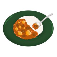 Rice and curry are being shown in flat design on green plate with spoon, transparent background © vectorfusionart