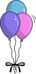 Three balloons are floating in vector art with curly strings and ribbon bow, transparent background