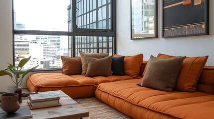 Stylish apartment living room with modern design and city view through large window