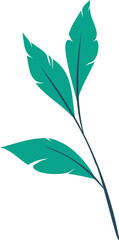 Stylized branch with three green leaves is being shown in flat vector style, transparent background
