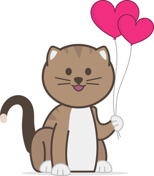 Fototapeta Cartoon design brown striped cat is sitting holding two pink heart balloons, transparent background