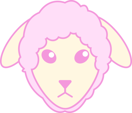 Flat cartoon sheep head is floating on transparent background, showing drooping ears and pink wool