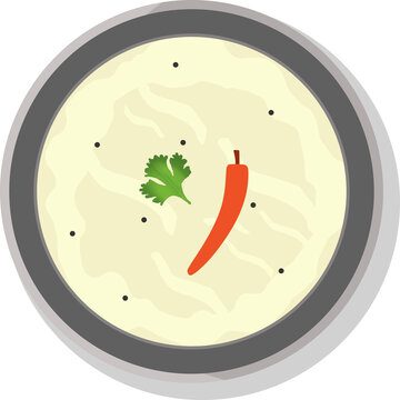 Fototapeta Flat vector is showing creamy soup bowl with chili, leaf and pepper specks, transparent background