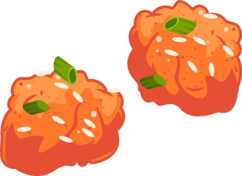 Flat design pair of onigiri are floating on transparent background with green onions, sesame seeds - Powered by Adobe