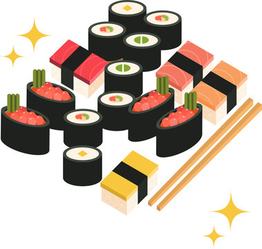 Flat sushi drawing is showing rolls nigiri gunkan chopsticks and sparkles on transparent background