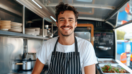 Positive young chef in casual clothes smiling and looking at camera while standing near counter in vintage food truck.