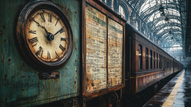 A close-up of a vintage train schedule board displaying old-fashioned departure times and destinations, emphasizing the charm of historic train travel