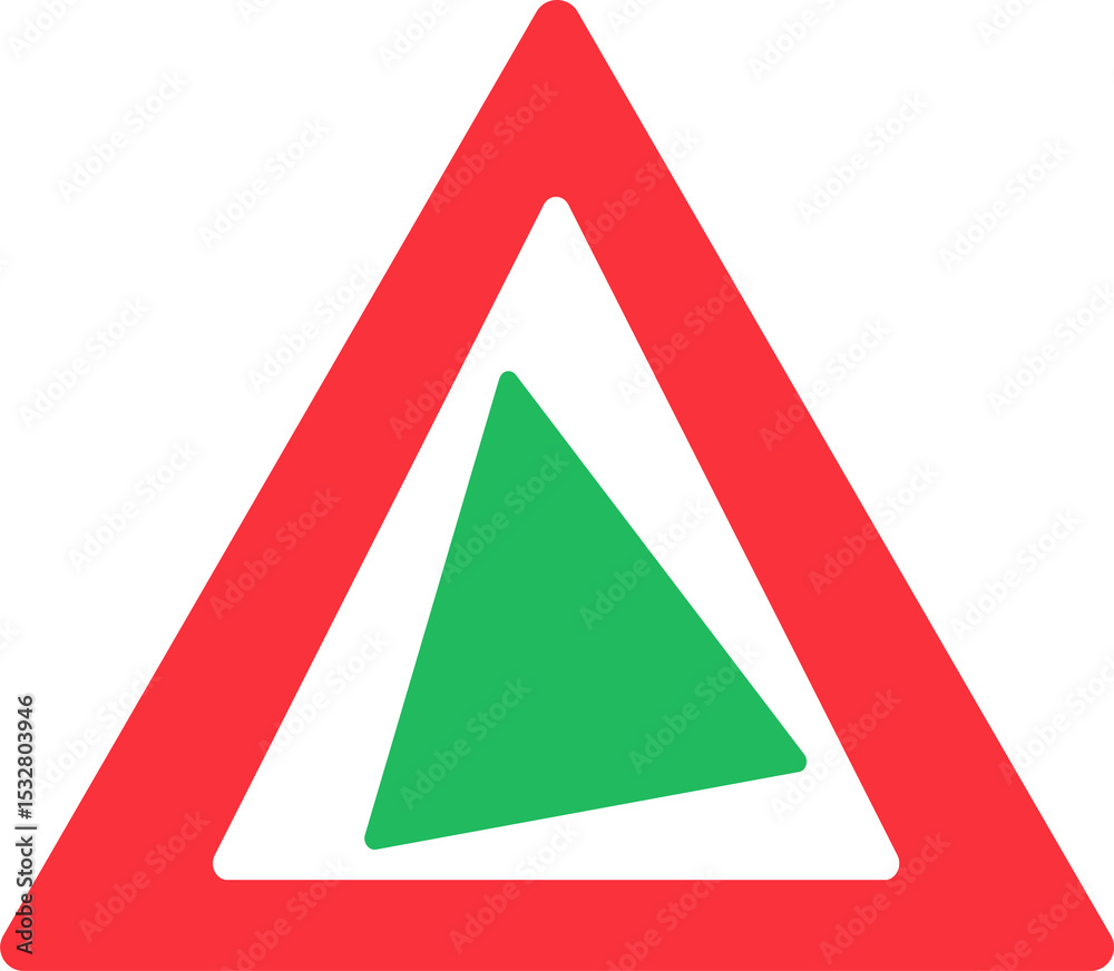 Poster red triangular outline is enclosing rotating green triangle in flat design transparent background