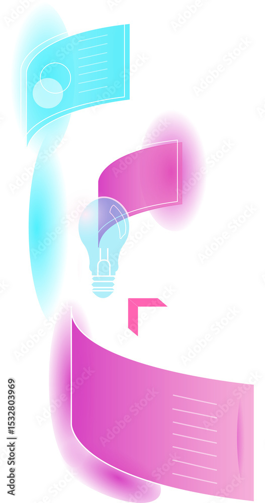 Poster infographic is showing light bulb with panels, 03 or 04 labels and cube floating on clear background