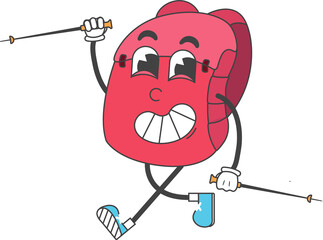 Cartoon red backpack is skiing with ski poles, wearing mismatched footwear, transparent background
