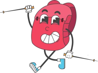 Vitrage gordijnen Cartoon red backpack is skiing with ski poles, wearing mismatched footwear, transparent background © vectorfusionart