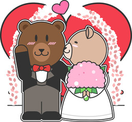 Animal couple is standing under floral arch with red heart in flat vector on transparent background