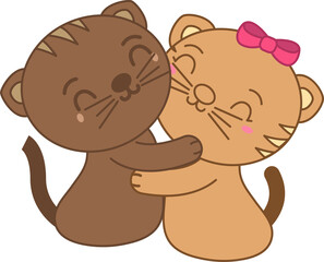 Two stylized cartoon cats are hugging in flat design with pink bow and transparent background