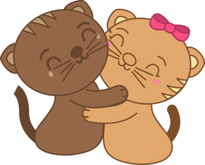 Two stylized cartoon cats are hugging in flat design with pink bow and transparent background