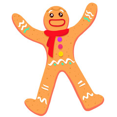 Flat gingerbread cookie is raising arms, scarf  and  candy buttons, transparent background, copy spa